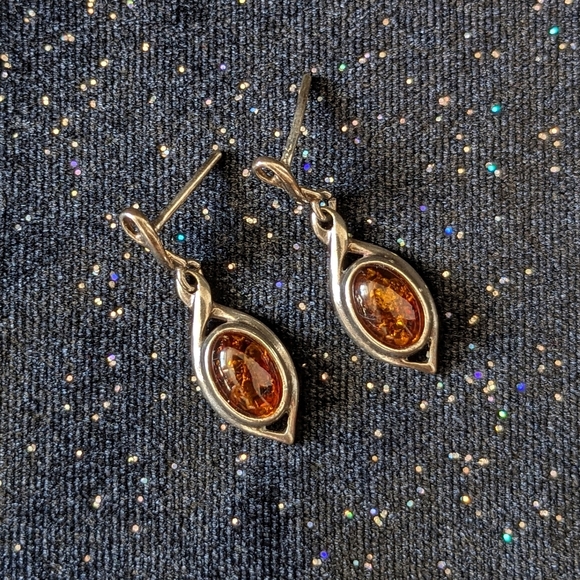 Vintage Silver and Baltic Amber Dangle Earrings - Picture 2 of 4